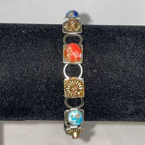 Metal Bracelet with Metal Emblems and Stone Gems
